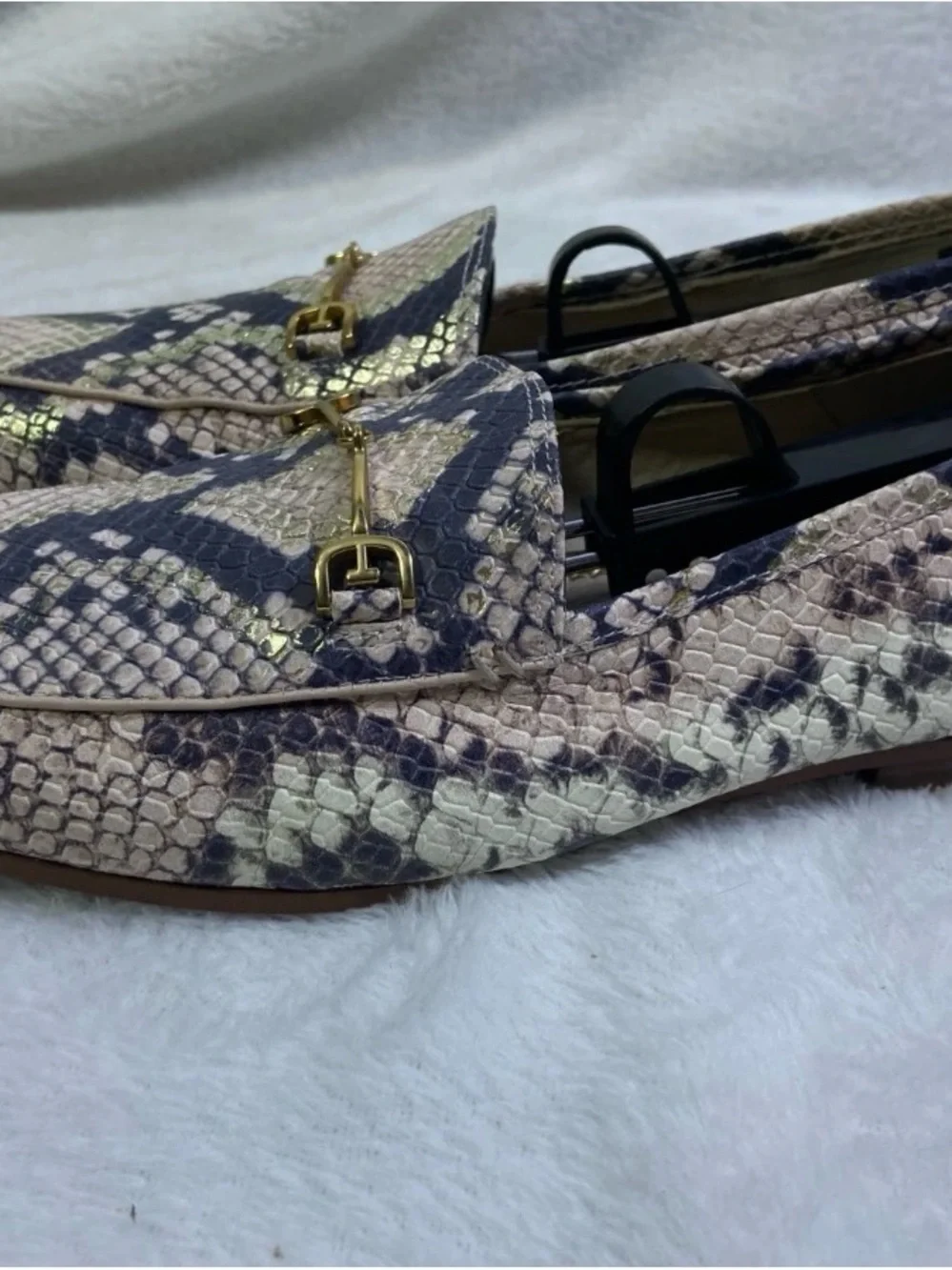 Sam Edelman Navy & Cream Snake-Print Loafers with Gold Bit